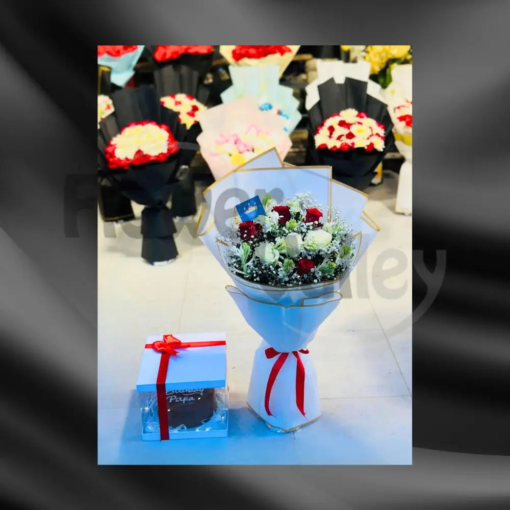 Classic Red & White Anniversary Bouquet with Gourmet Cake Box