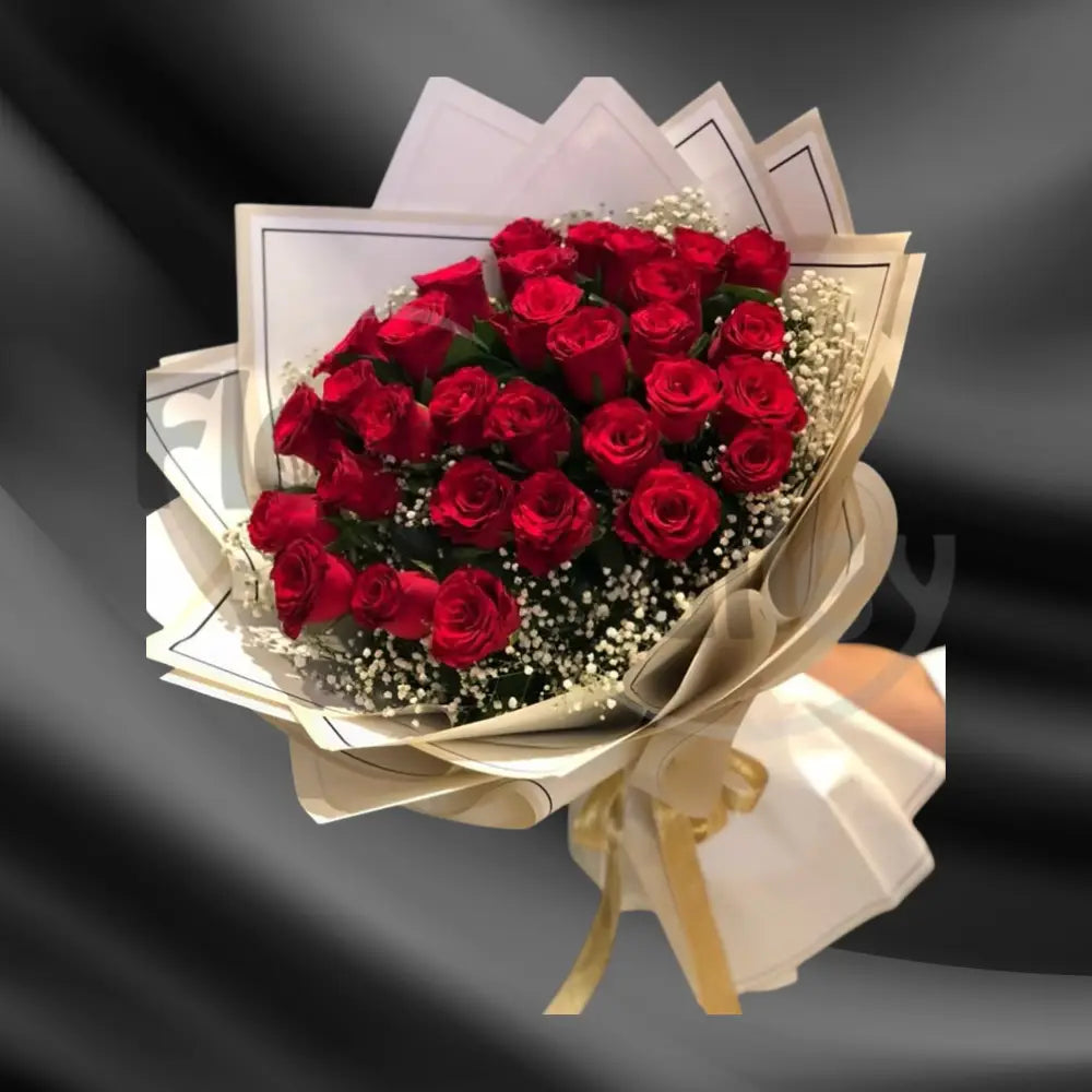 Royal Velvet: Premium Red Rose & White Lace Gypsophila Bouquet