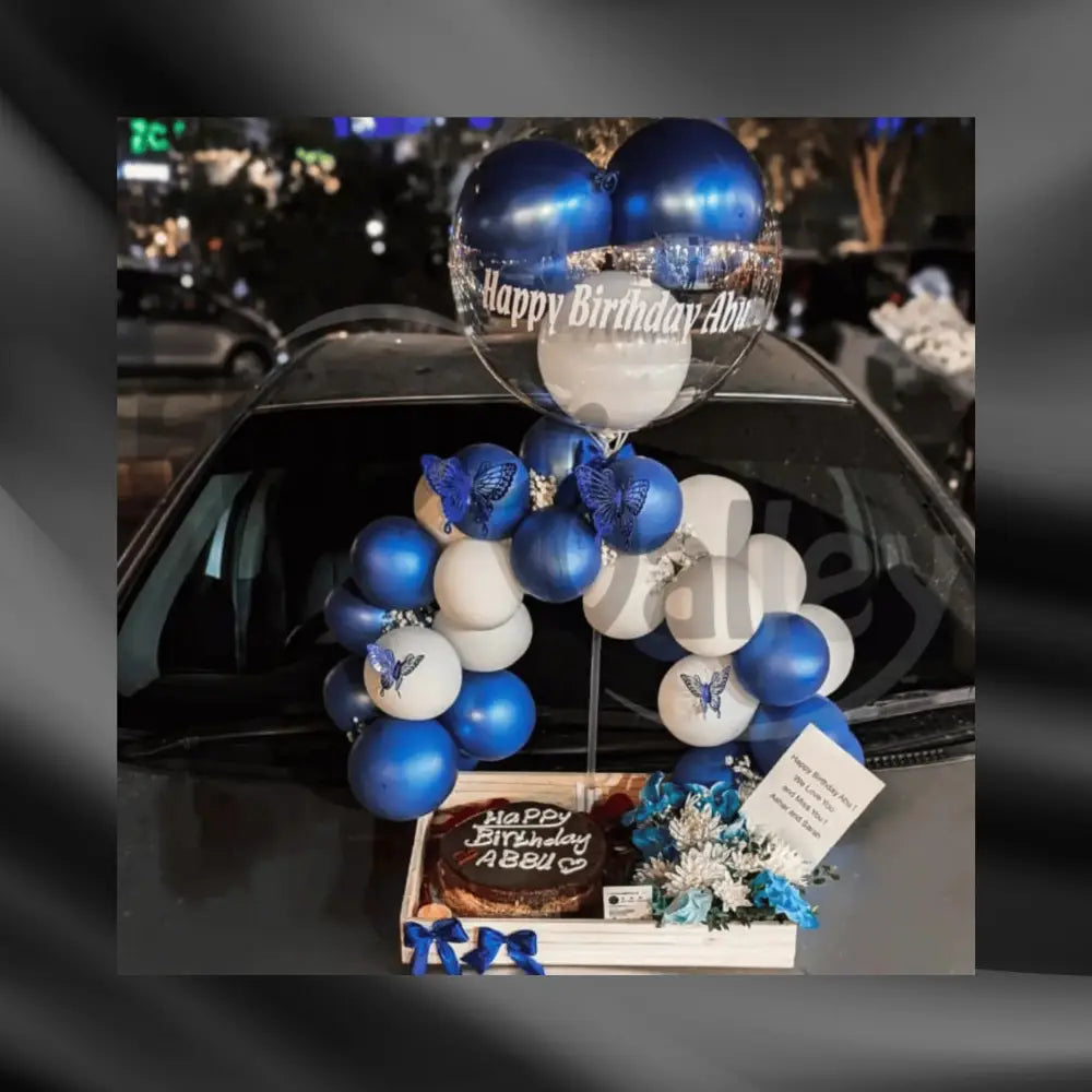 Royal Blue "Happy Birthday Abbu" Balloon Arch & Cake Hamper