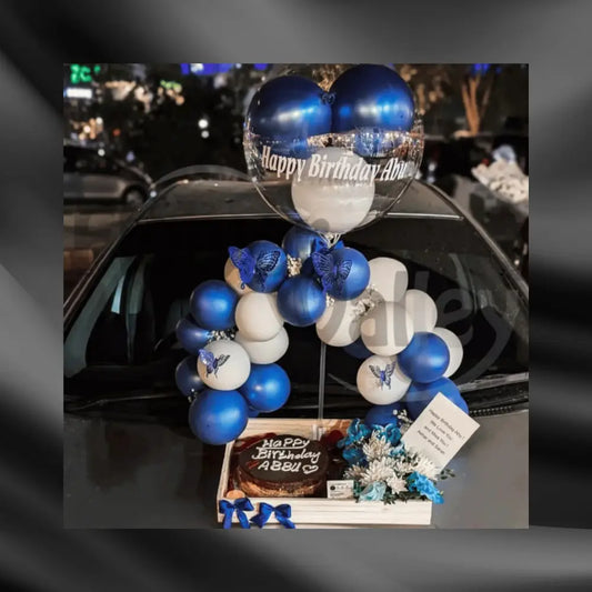 Royal Blue "Happy Birthday Abbu" Balloon Arch & Cake Hamper