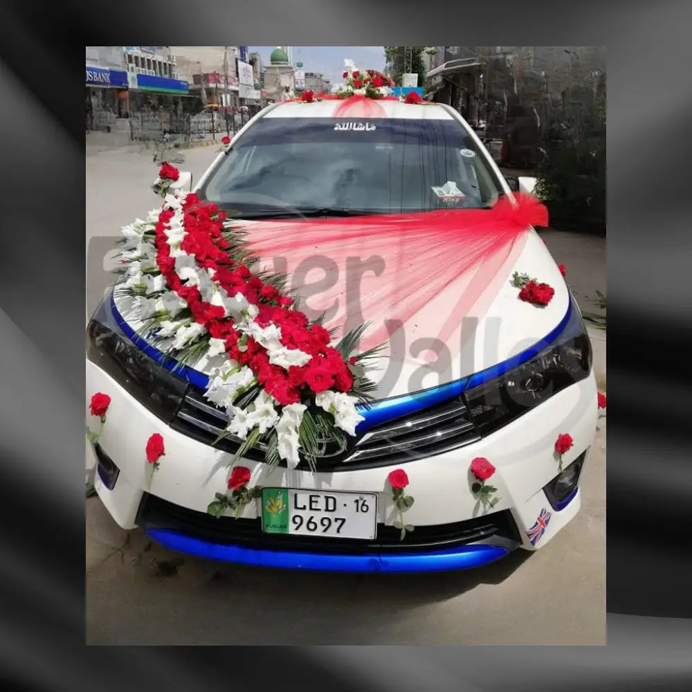 Elegant Red & White Floral Wedding Car Decoration | Premium Bridal Car Decor