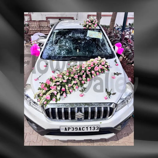 Whimsical Blush Pink & White Floral Meadow | Enchanting Bridal Car Decor