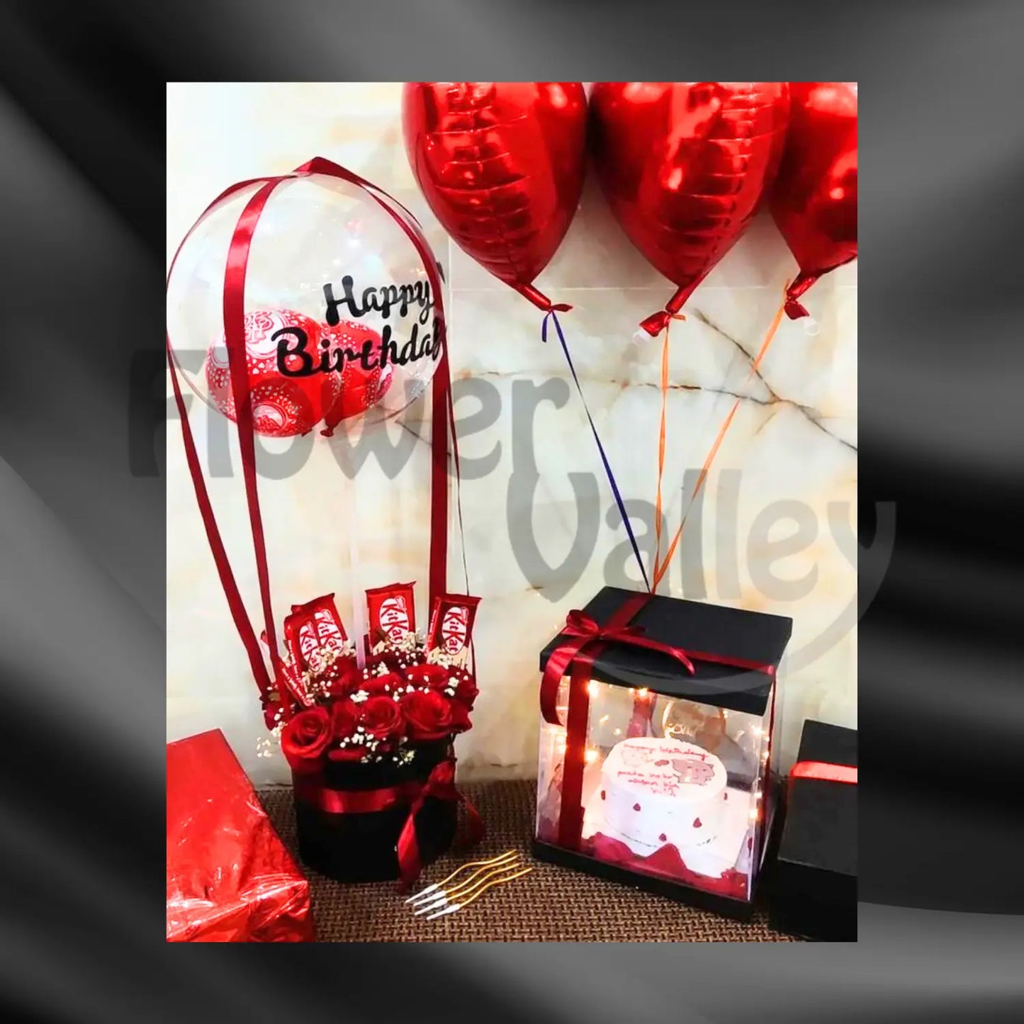 Ultimate Birthday Surprise Combo | Hot Air Balloon Bouquet & Bento Cake