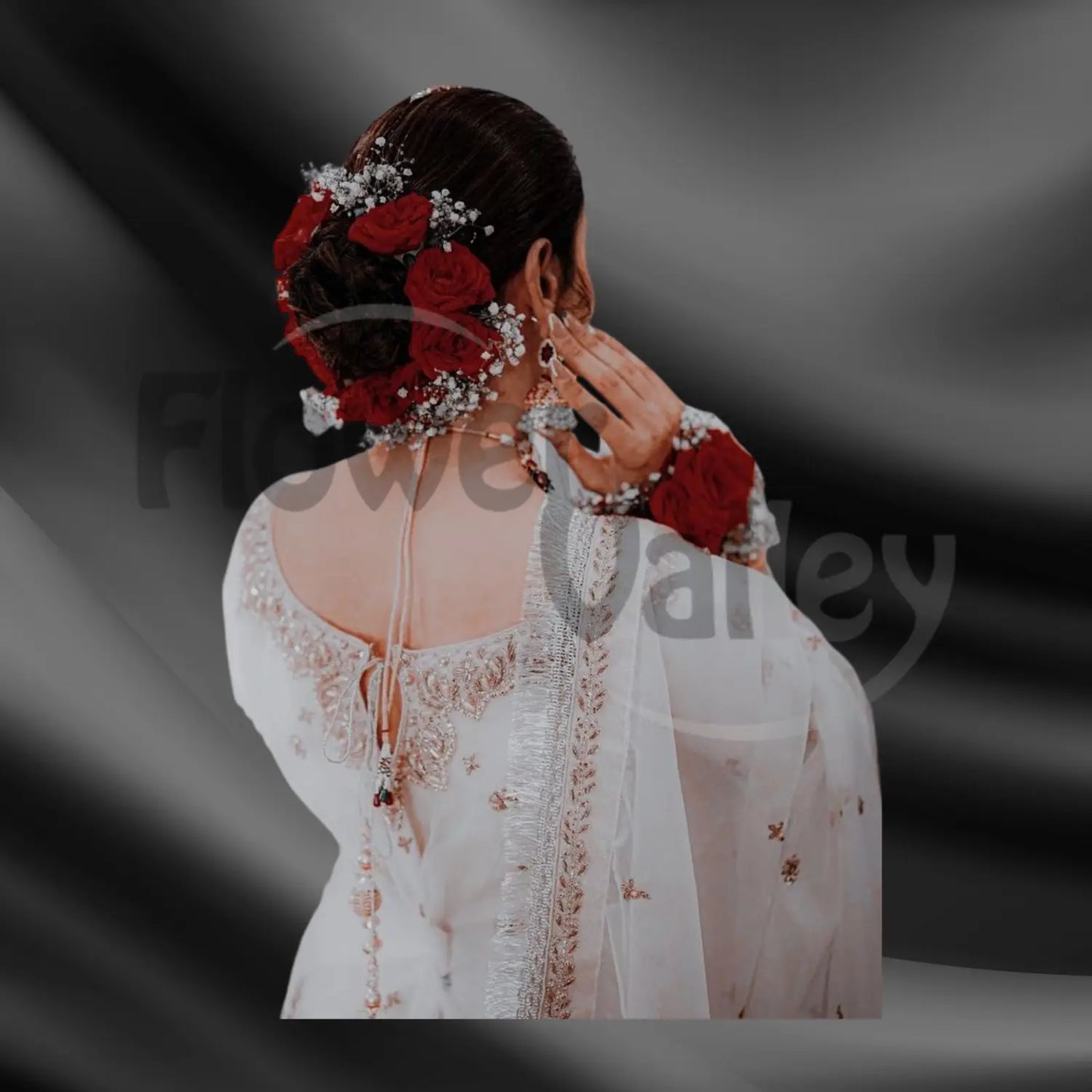 Royal Red Rose & White Gypsophila Bridal Hair Gajara Set