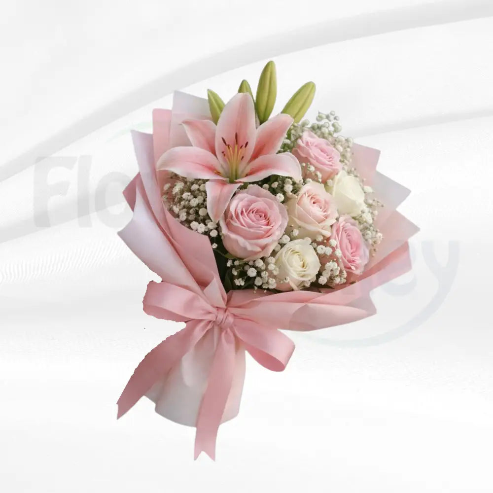 Elegant Pink Lily & Rose Anniversary Bouquet