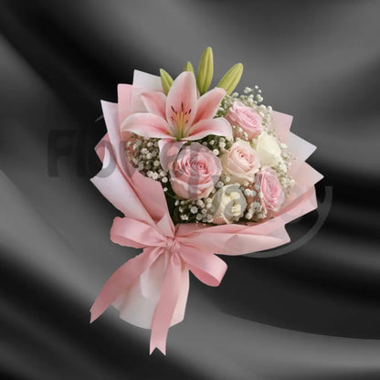 Elegant Pink Lily & Rose Anniversary Bouquet