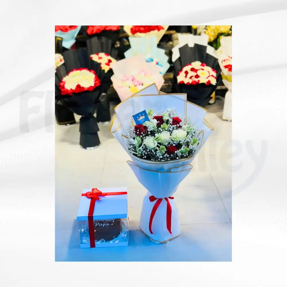 Classic Red & White Anniversary Bouquet with Gourmet Cake Box