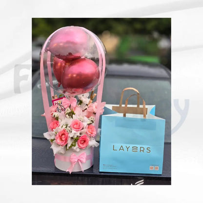 Pink Hot Air Balloon Flower Box & Layers Cake Combo