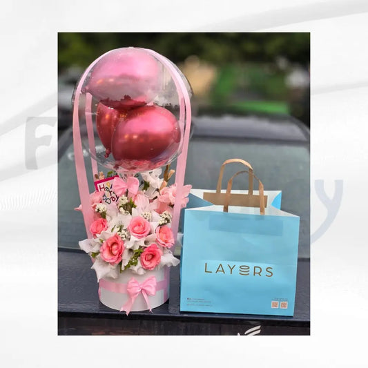 Pink Hot Air Balloon Flower Box & Layers Cake Combo