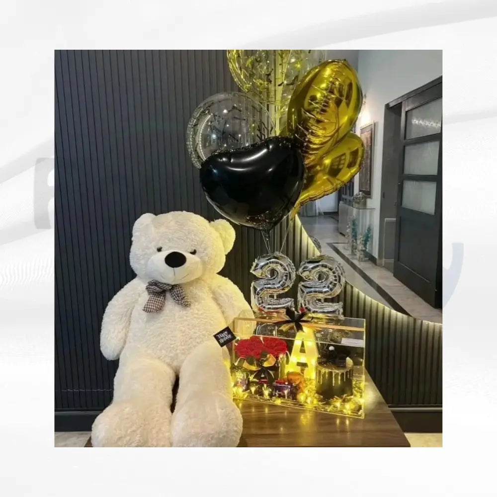 Ultimate Milestone Celebration: Luxury Glow Box, Giant Teddy & Balloon Bouquet