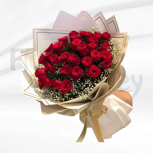 Royal Velvet: Premium Red Rose & White Lace Gypsophila Bouquet
