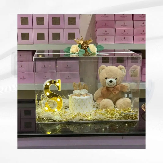 Personalized Acrylic Glow Box: Designer Cake, LED Initial & Plush Teddy