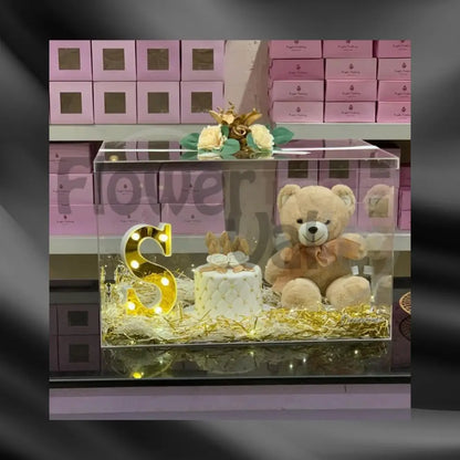 Personalized Acrylic Glow Box: Designer Cake, LED Initial & Plush Teddy