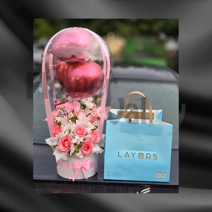 Pink Hot Air Balloon Flower Box & Layers Cake Combo
