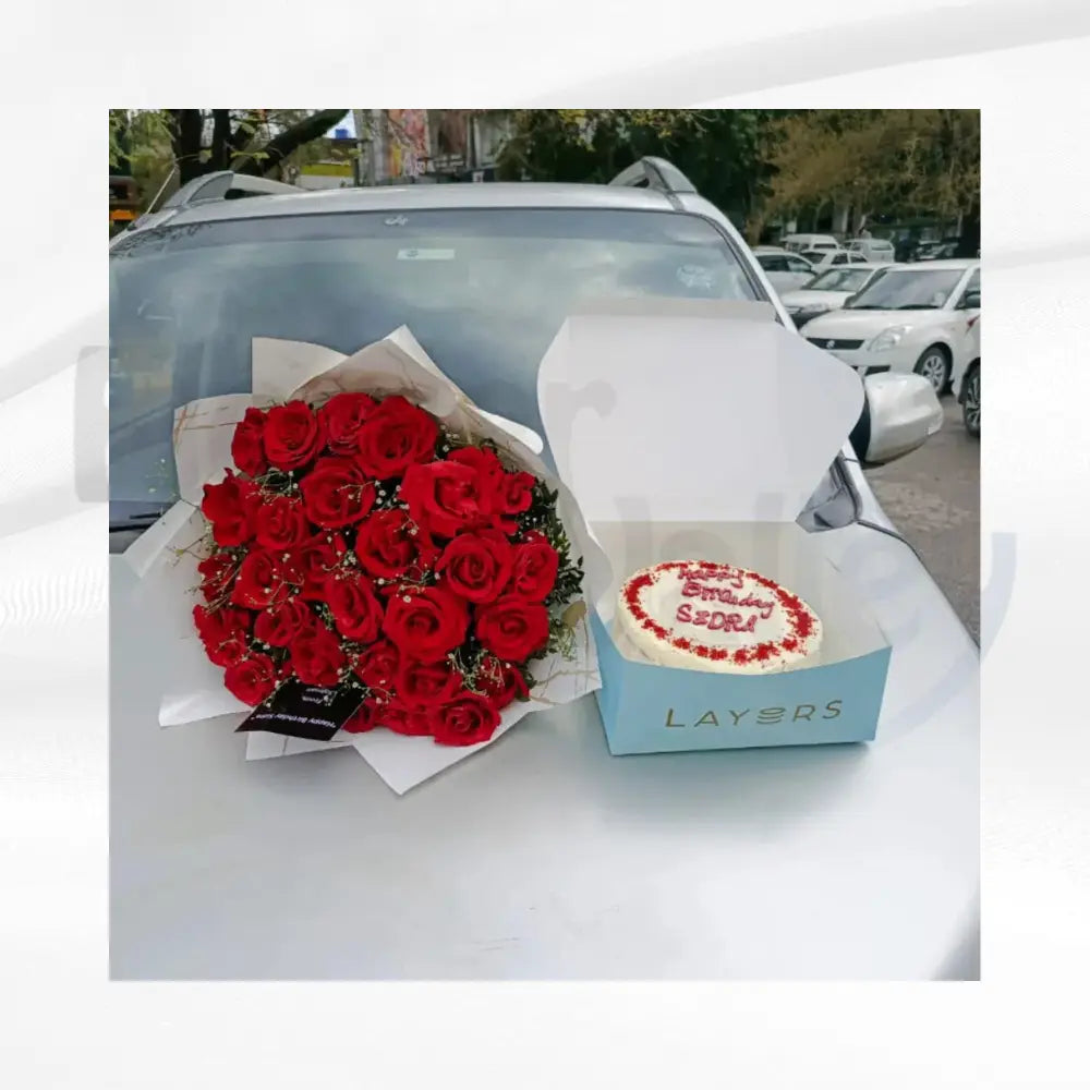 Red Rose Bouquet & Layers Birthday Cake Combo