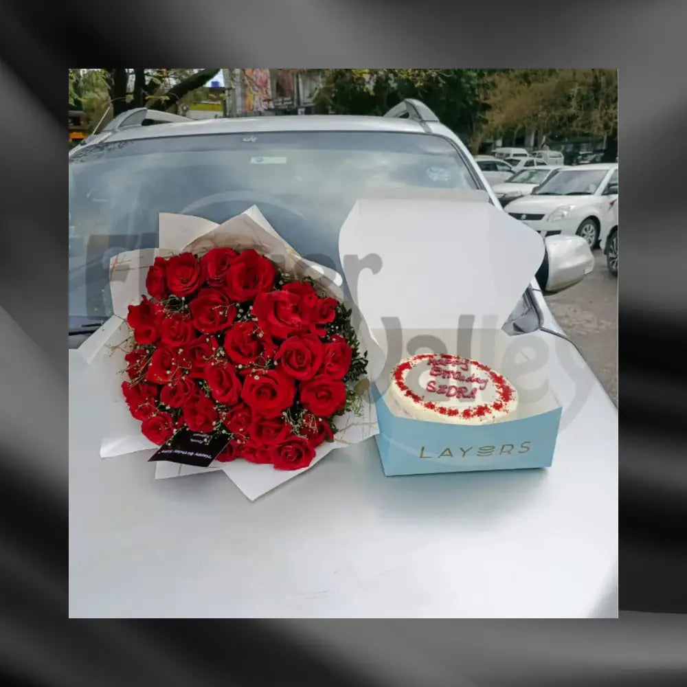 Red Rose Bouquet & Layers Birthday Cake Combo
