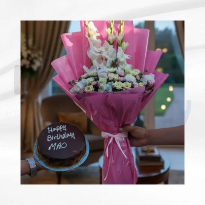 Elegant Pink Gladiolus Bouquet & Indulgent Chocolate Birthday Cake