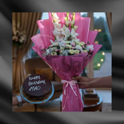 Elegant Pink Gladiolus Bouquet & Indulgent Chocolate Birthday Cake