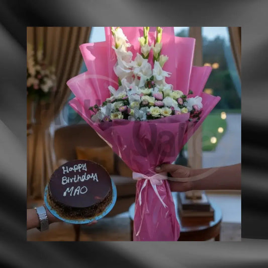 Elegant Pink Gladiolus Bouquet & Indulgent Chocolate Birthday Cake
