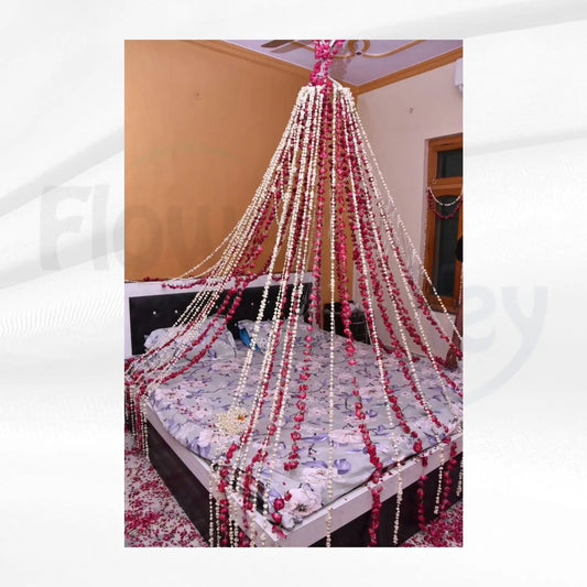 Jasmine Rain & Rose Petal Tent Traditional Bridal Decor with Exquisite Floral String Canopy.