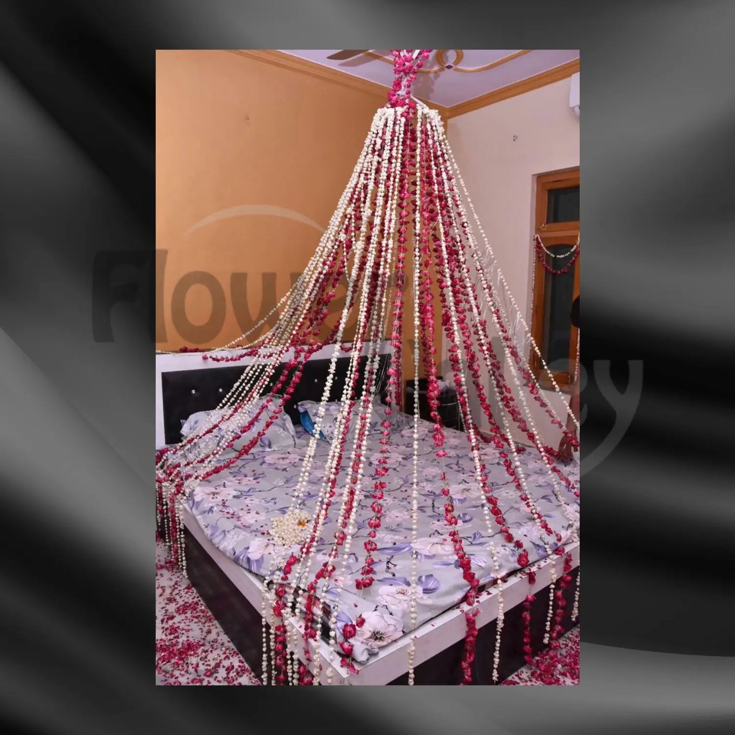Jasmine Rain & Rose Petal Tent Traditional Bridal Decor with Exquisite Floral String Canopy.