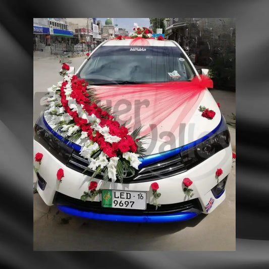 Elegant Red & White Floral Wedding Car Decoration | Premium Bridal Car Decor
