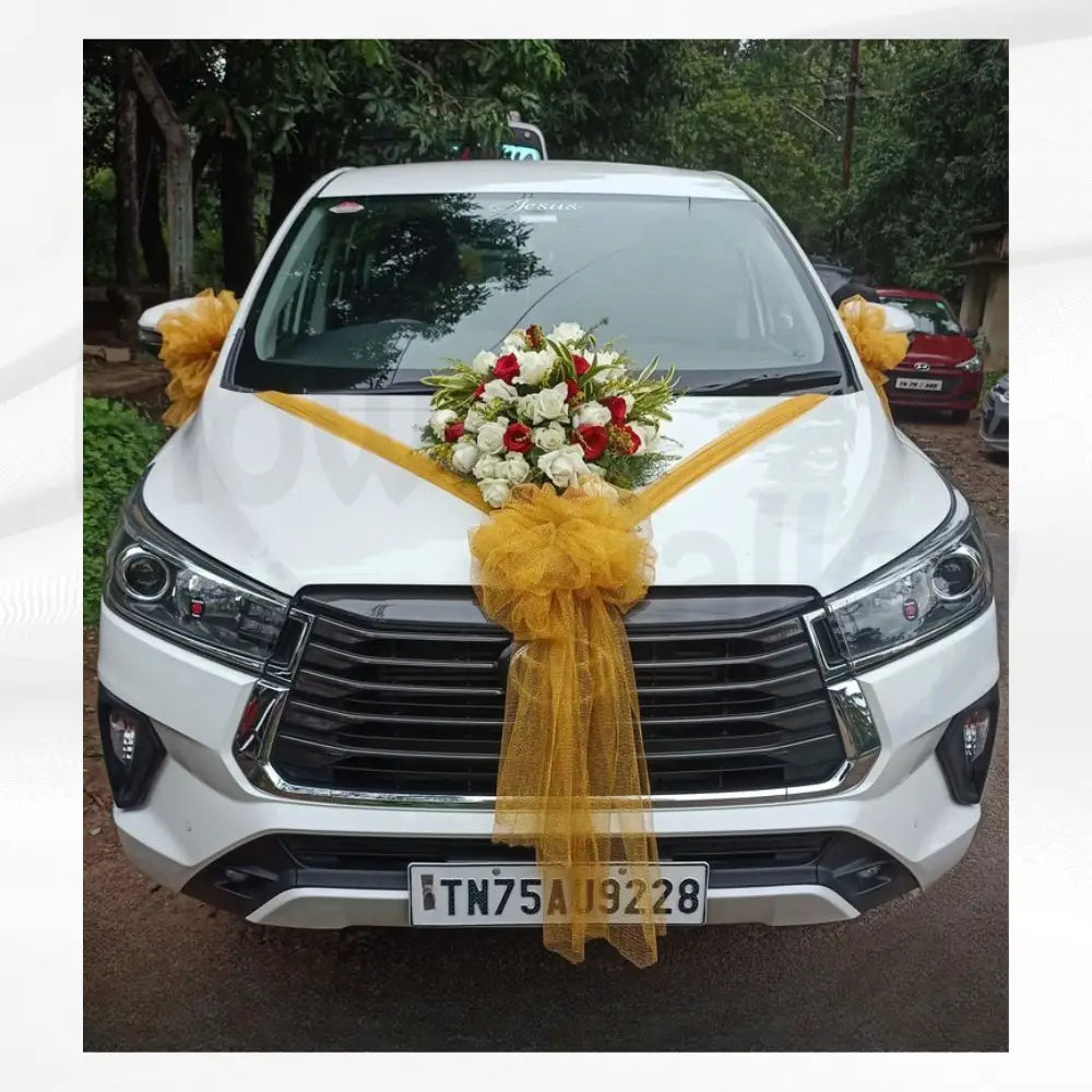 Golden V-Sash & Crimson-White Bouquet | Regal MPV Wedding Decor