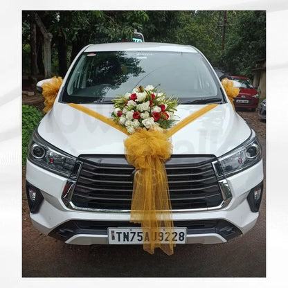 Golden V-Sash & Crimson-White Bouquet | Regal MPV Wedding Decor