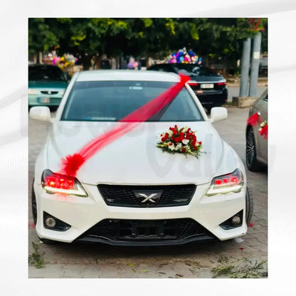 Minimalist Crimson Ribbon & Floral Bouquet | Sleek Wedding Car Decor
