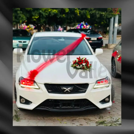 Minimalist Crimson Ribbon & Floral Bouquet | Sleek Wedding Car Decor