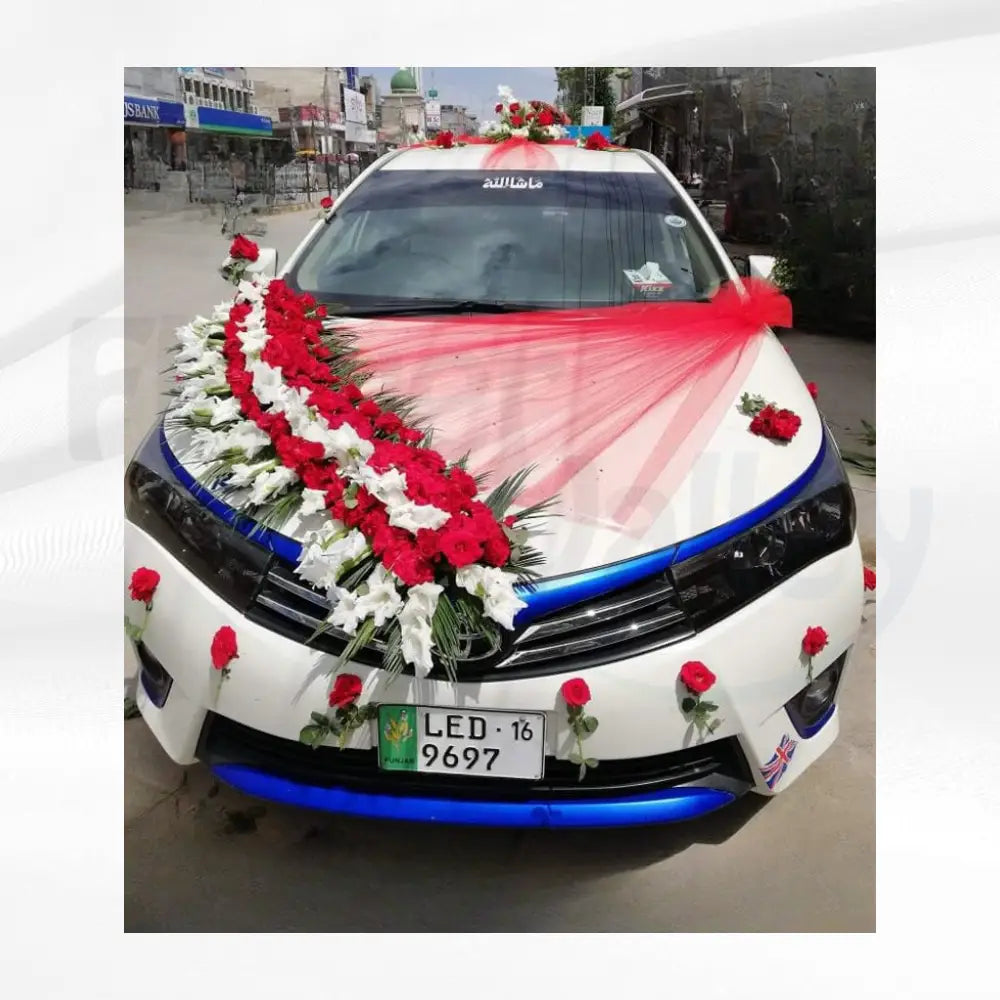 Elegant Red & White Floral Wedding Car Decoration | Premium Bridal Car Decor