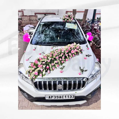 Whimsical Blush Pink & White Floral Meadow | Enchanting Bridal Car Decor