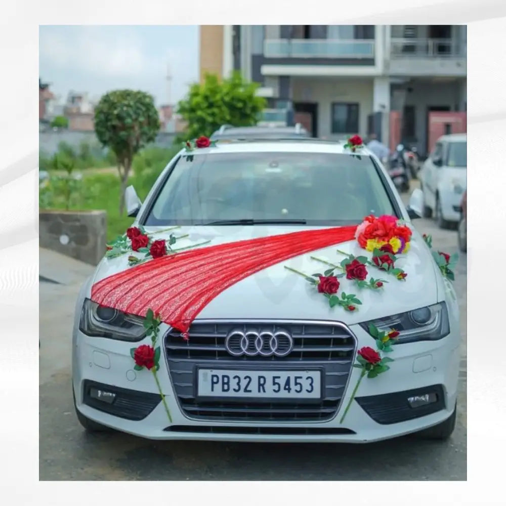 Royal Crimson Veil & Vivid Bouquet | Premium Luxury Car Decor