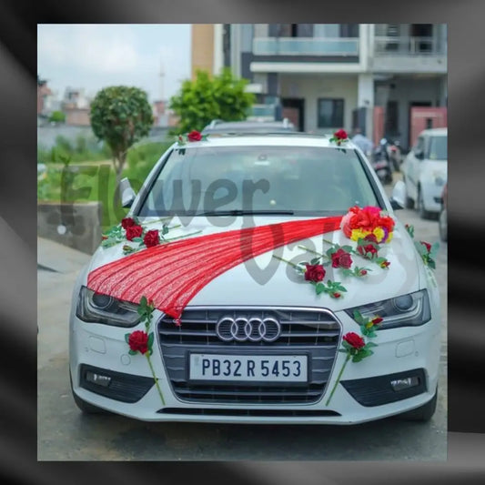 Royal Crimson Veil & Vivid Bouquet | Premium Luxury Car Decor