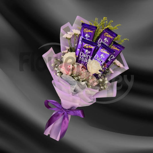 Cadbury Dairy Milk & Pastel Rose Hand Bouquet | Sweet Elegance Gift