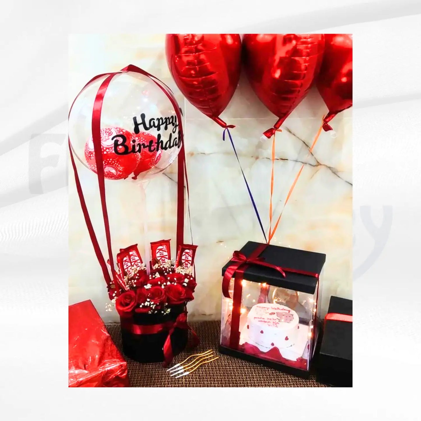 Ultimate Birthday Surprise Combo | Hot Air Balloon Bouquet & Bento Cake