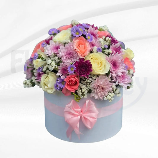 Enchanted Garden Pastel Hatbox | Vibrant Mixed Floral Arrangement