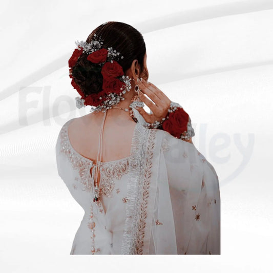Royal Red Rose & White Gypsophila Bridal Hair Gajara Set