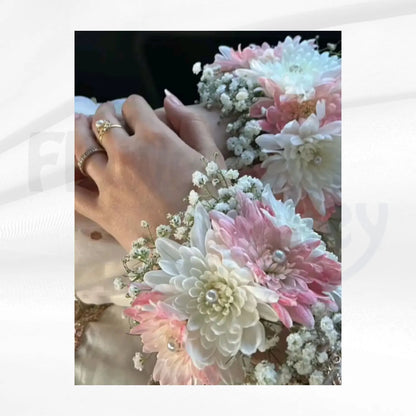 Elegant Blush Pink and White Chrysanthemum Floral Wristlets with Pearl Accents