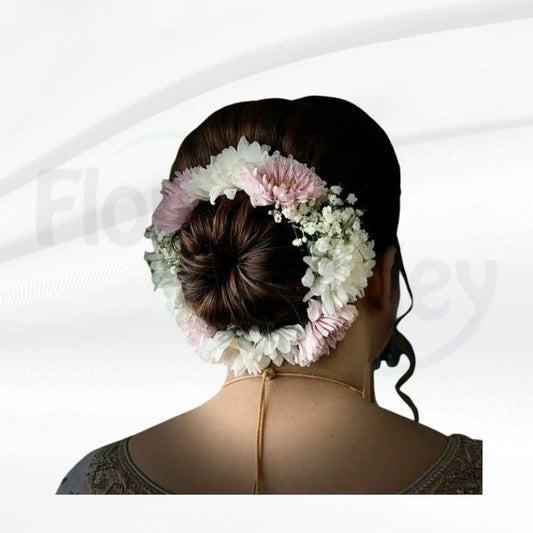 Elegant Blush Pink and White Chrysanthemum Floral Bun Gajra