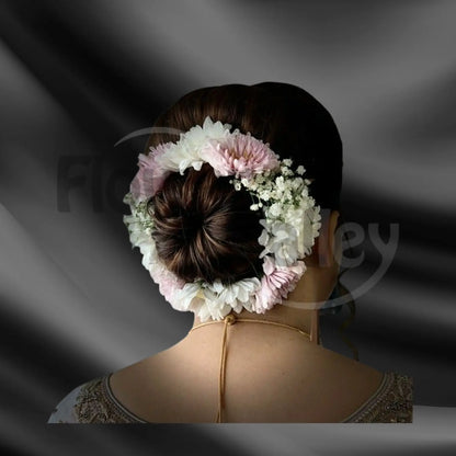 Elegant Blush Pink and White Chrysanthemum Floral Bun Gajra